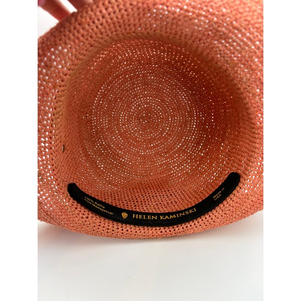 Helen Kaminski Raffia Crochet Sun Hat Coral Pink Wide Brim Made USA Adjustable - Picture 5 of 11